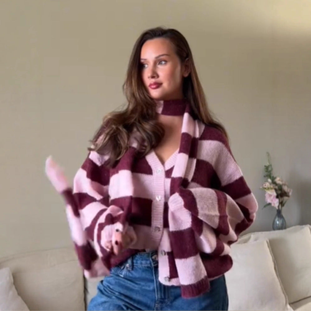 Damen Oversize Strickcardigan-Set mit Blockstreifen, Knopfleiste und passendem Schal Drune