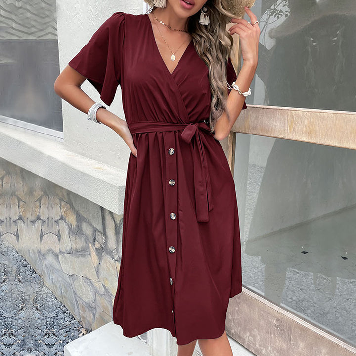 Damen Wickelkleid mit Knopfleiste und Taillengürtel Drune