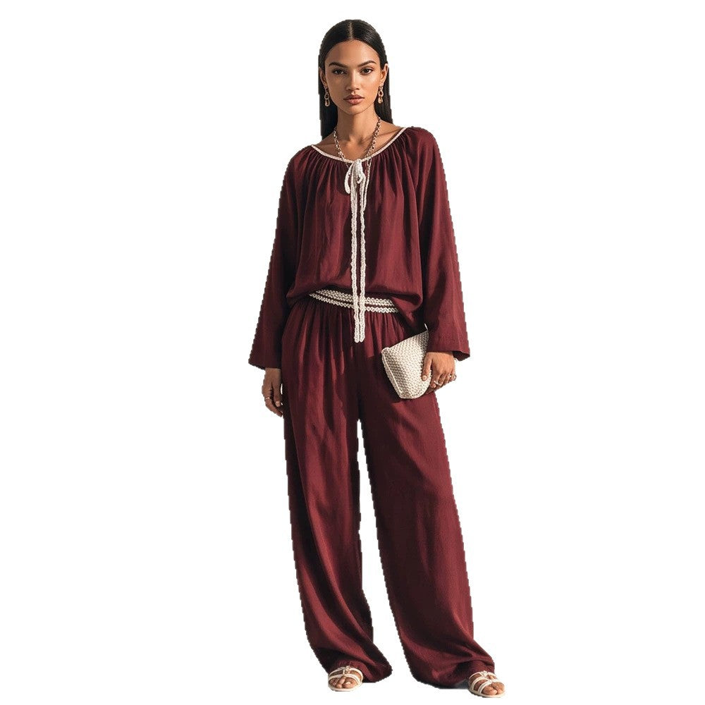 Damen Fließendes zweiteiliges Loungewear-Set aus Seidenoptik mit weiter Palazzohose und geraffter Tunika Drune