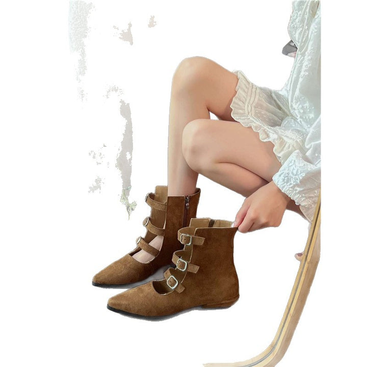 Damen spitz zulaufende Ankle-Boots mit Veloursoptik, vier verstellbaren Riemchen und niedrigem Absatz Drune