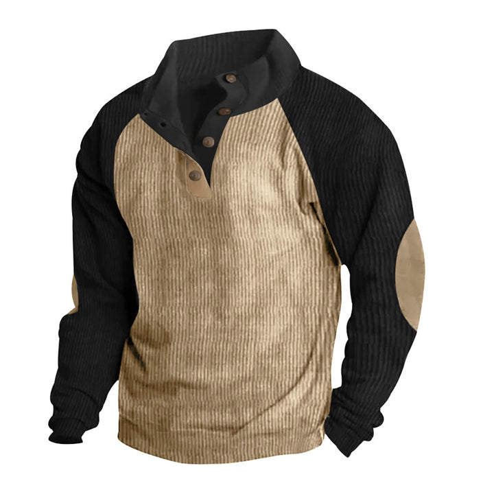 Herren Strukturiertes Raglan-Henley-Pullover mit Stehkragen, Ellenbogenpatches & Knopfleiste Drune