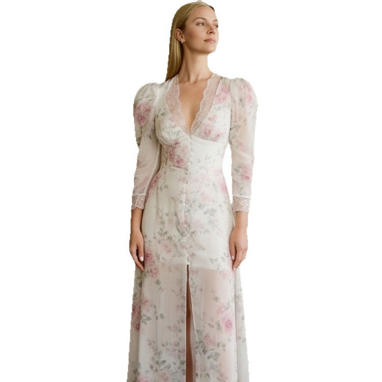 Damen Romantisches Chiffon-Maxikleid mit Spitzen‑V‑Ausschnitt, Puffärmeln und vorderem Schlitz Drune