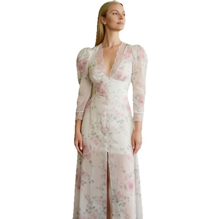 Damen Romantisches Chiffon-Maxikleid mit Spitzen‑V‑Ausschnitt, Puffärmeln und vorderem Schlitz Drune