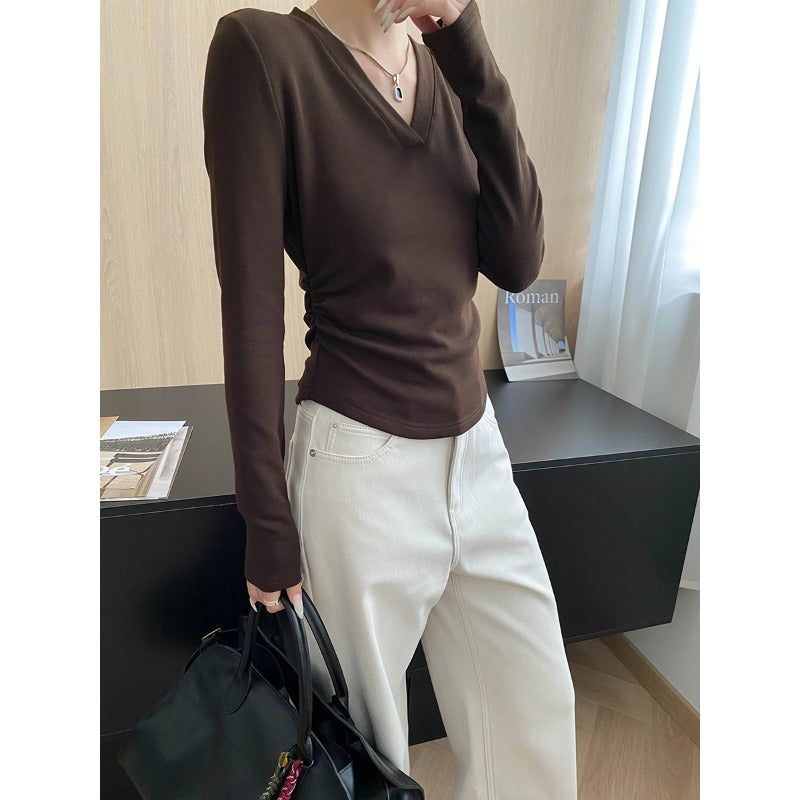 Damen figurbetontes Longsleeve-Oberteil mit tiefem V-Ausschnitt und Raffung Drune