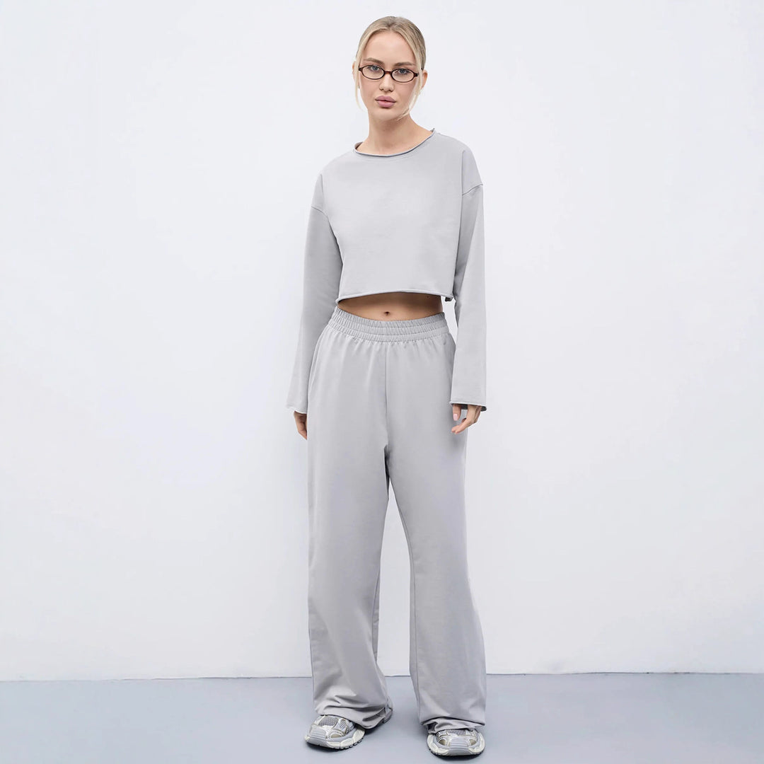 Damen Kurzgeschnittenes Sweatshirt und High-Waist Relax-Jogginghose Set Drune