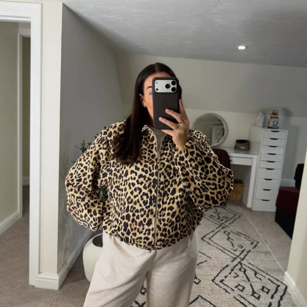 Damen gefütterte Oversize Bomberjacke mit Leopardenmuster und Stehkragen Drune