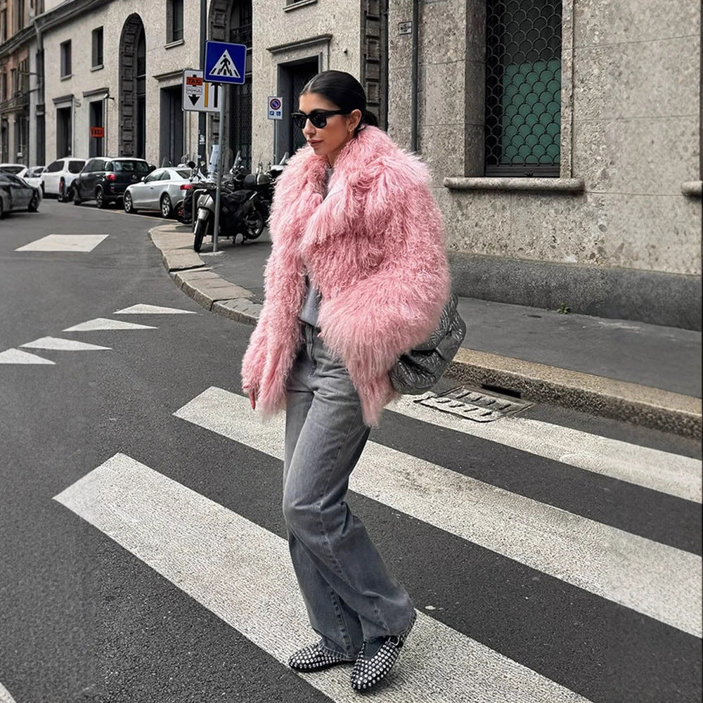 Damen Kurz geschnittener Shaggy Fauxfur Mantel mit voluminösem Schalkragen und Oversize-Silhouette Drune