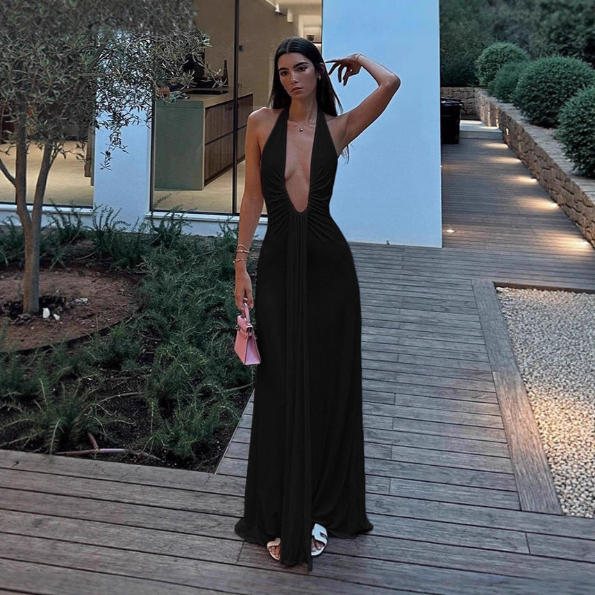 Damen Maxikleid mit tiefem V-Ausschnitt und raffiniertem Drapierungsdesign Drune