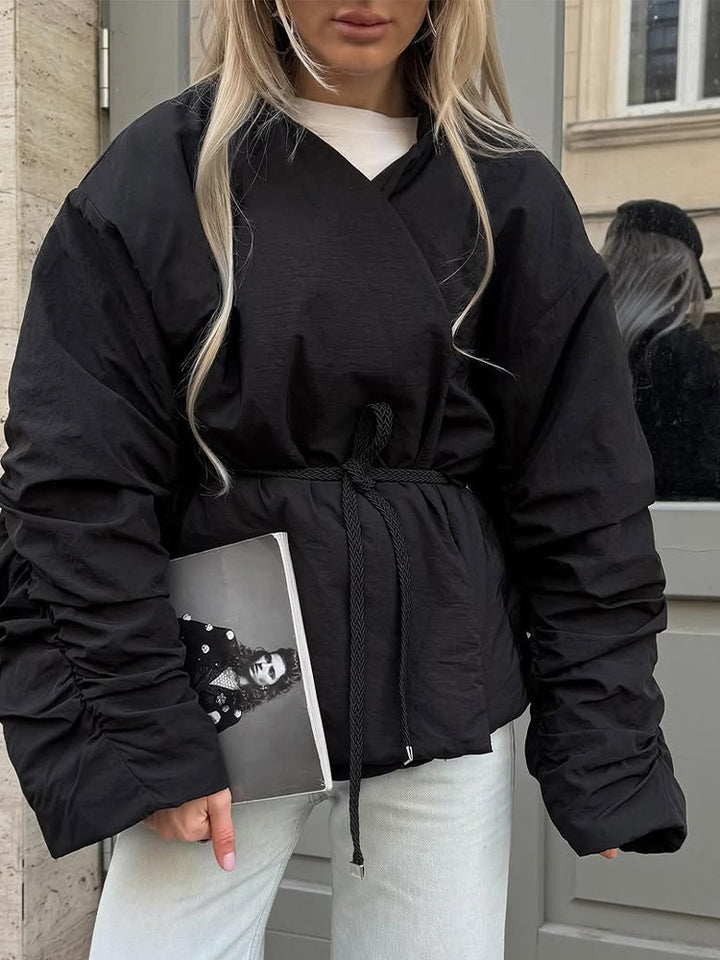 Damen lässige kurz geschnittene Jacke mit Taillengürtel und voluminösen Ärmeln Drune
