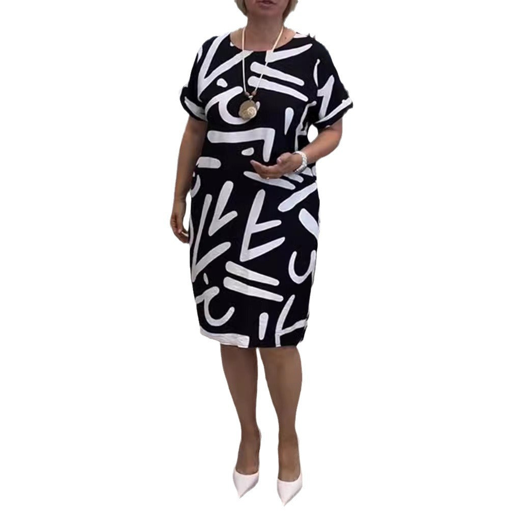 Damen nan knielanges Komfort-Shiftkleid mit großflächigem Pinselstrich-Print und umgeschlagenen Kurzärmeln Drune