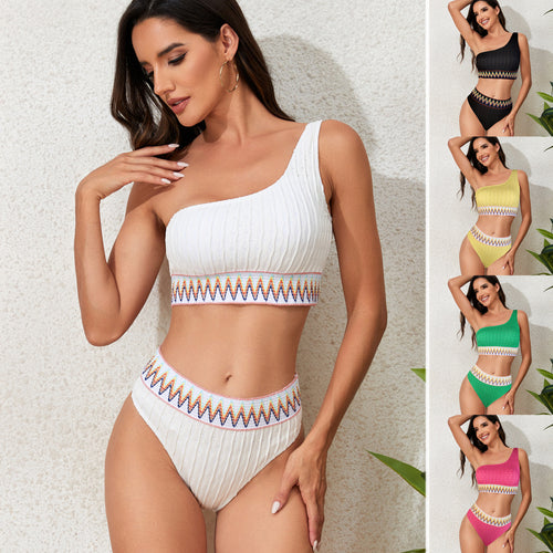 Damen Einseitiger Crop-Bikini mit buntem Jacquardband Drune