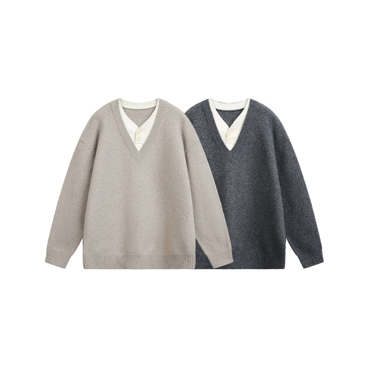 Damen Oversize V Neck Strickpullover mit Henley-Optik und gerippten Bündchen Drune