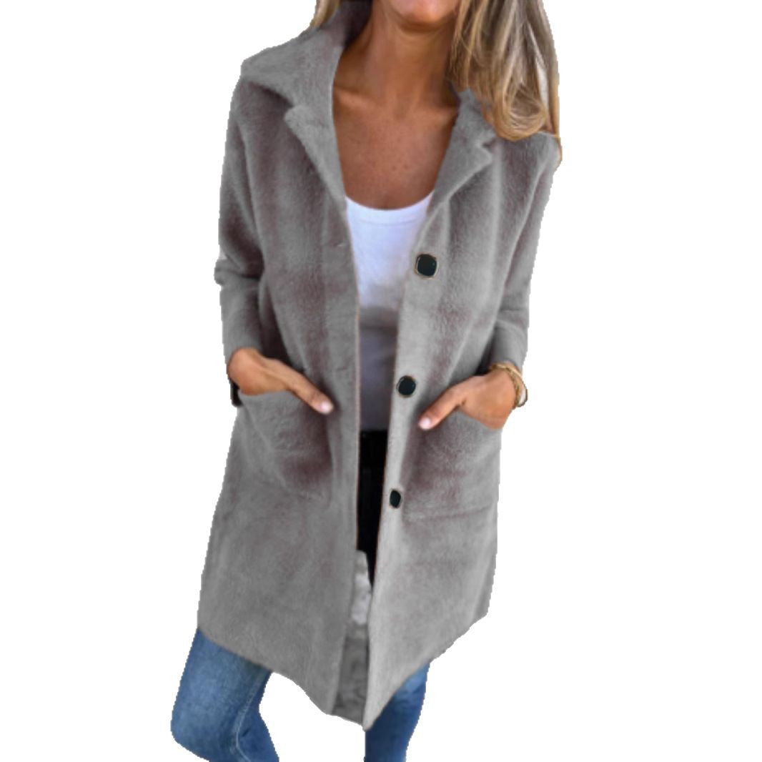 Damen Teddy-Mantel mit Oversize-Kragen, dekorativen Knöpfen und Eingrifftaschen Drune