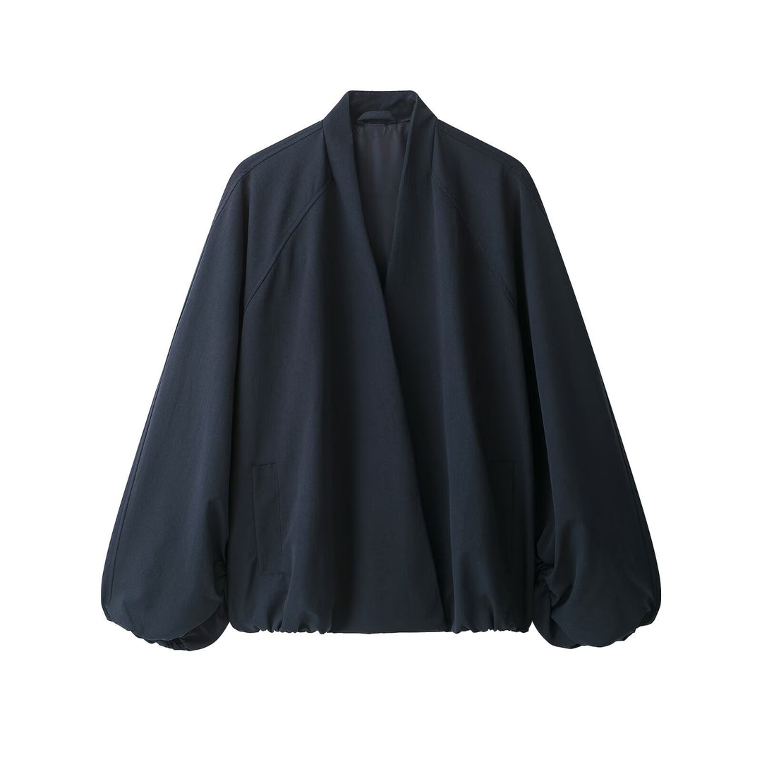 Damen Oversize Cropped Bomberjacke mit offenem V-Ausschnitt und elastischem Saum Drune
