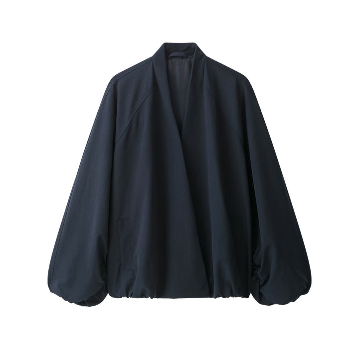 Damen Oversize Cropped Bomberjacke mit offenem V-Ausschnitt und elastischem Saum Drune