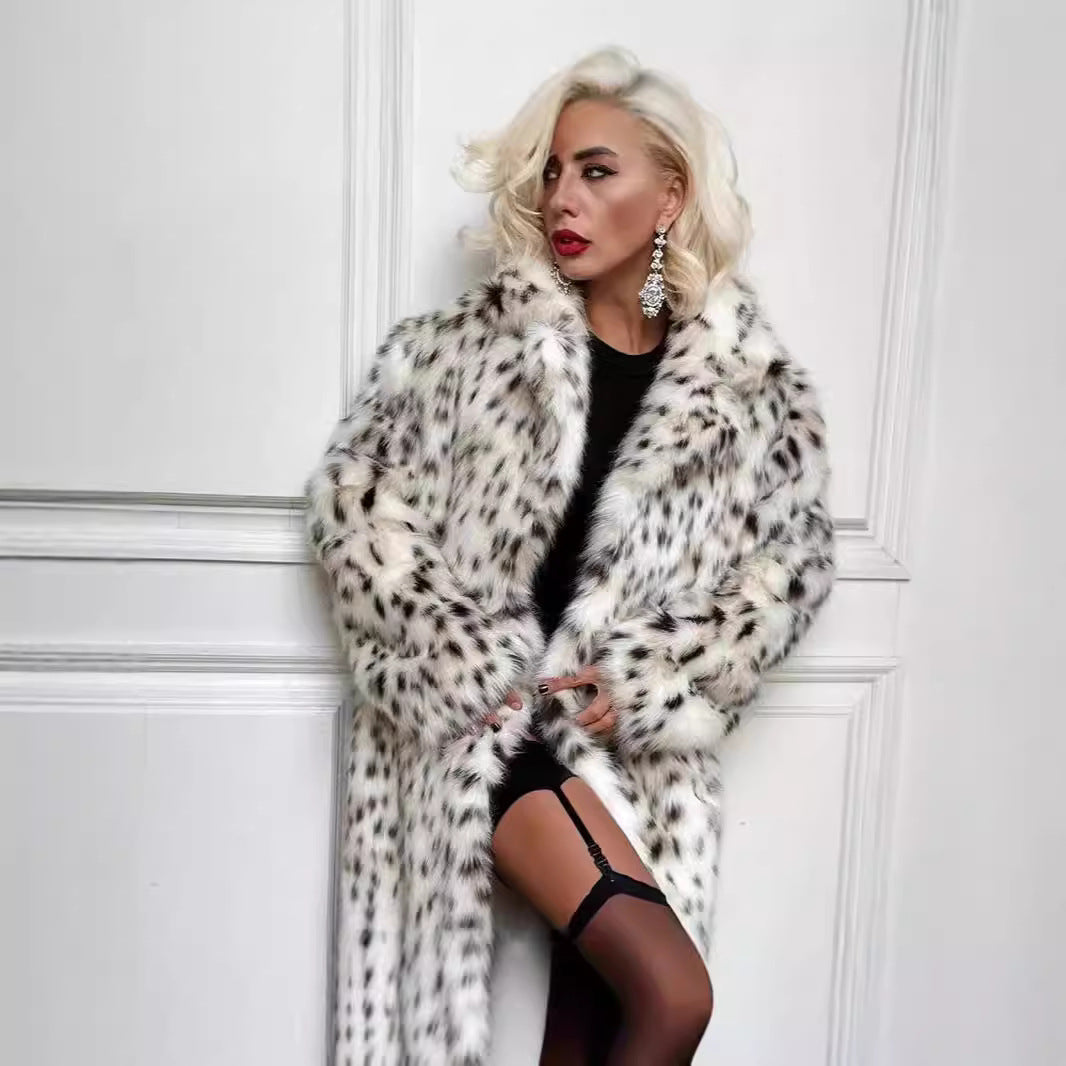 Damen langer Oversize Kunstpelzmantel mit Leopardenmuster und breitem Revers Drune