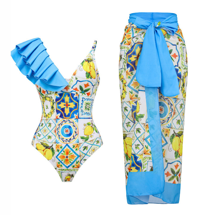 Damen Einseitiger Rüschenschwimmanzug mit floralem Muster Drune