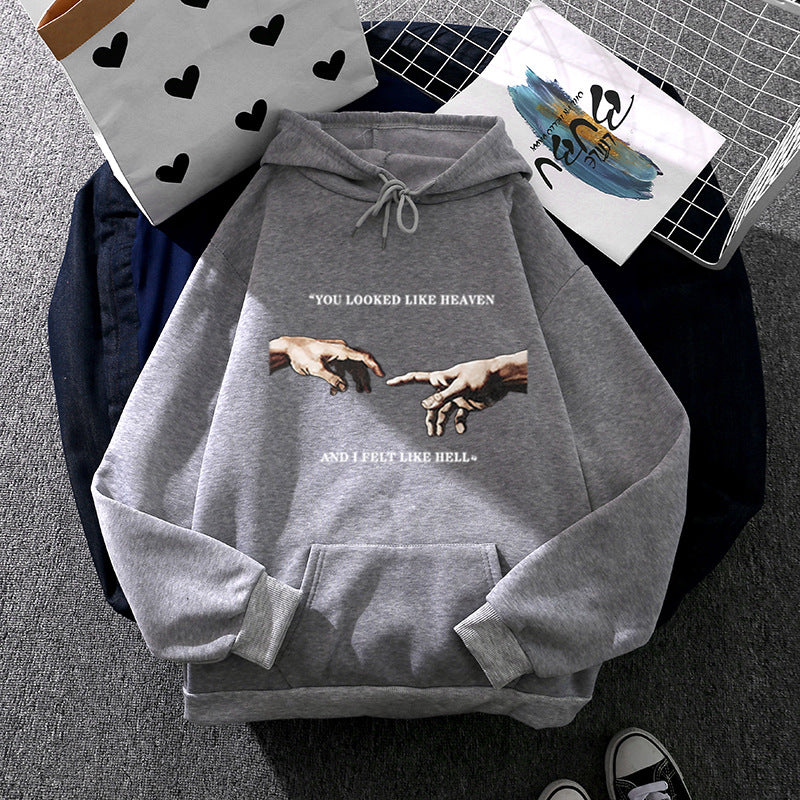 Damen nan Oversize Kapuzenpullover mit Kängurutasche und Renaissance‑Handmotiv, weiches Fleece Innenfutter Drune