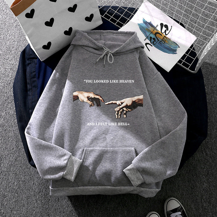 Damen nan Oversize Kapuzenpullover mit Kängurutasche und Renaissance‑Handmotiv, weiches Fleece Innenfutter Drune