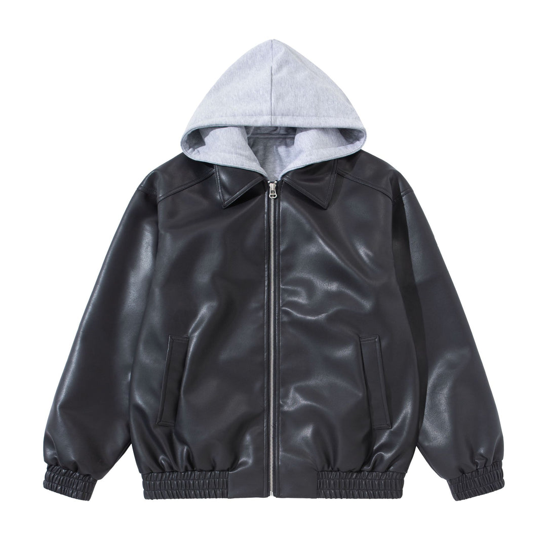 Herren Boxy-Lederblouson mit angenähter Jersey-Kapuze und geripptem Saum Drune