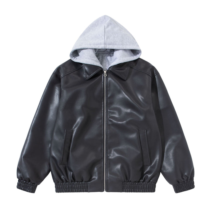 Herren Boxy-Lederblouson mit angenähter Jersey-Kapuze und geripptem Saum Drune