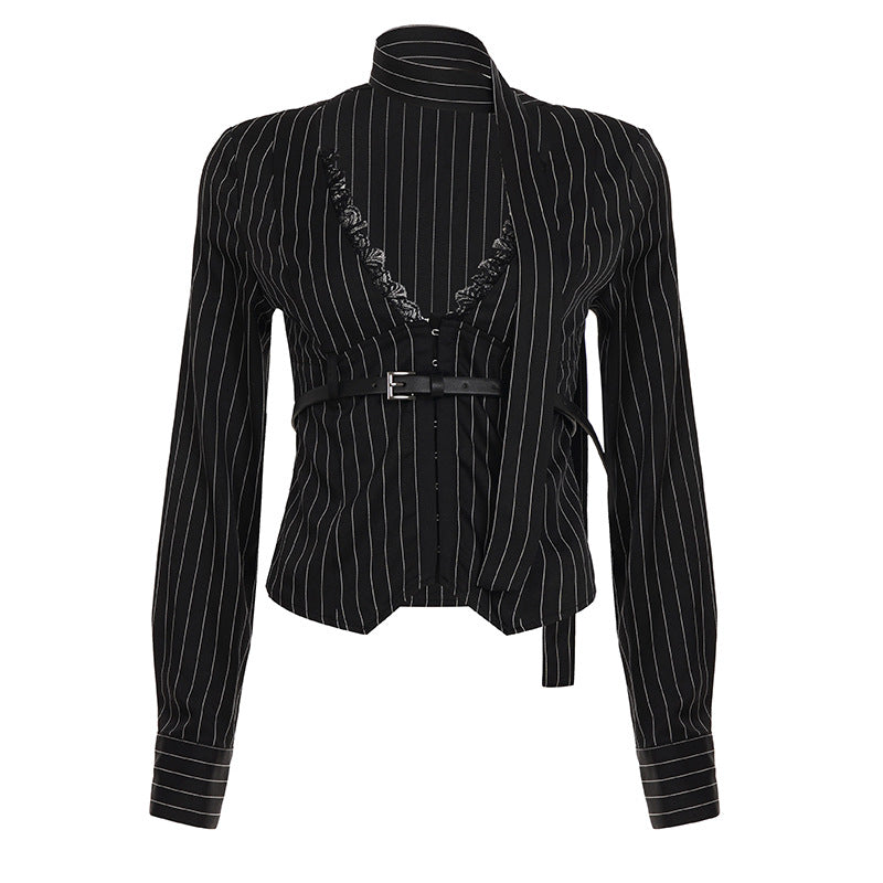 Damen nan tailliertes Langarmshirt mit Twist‑V‑Ausschnitt, Hemdkragen und Nadelstreifen-Optik Drune