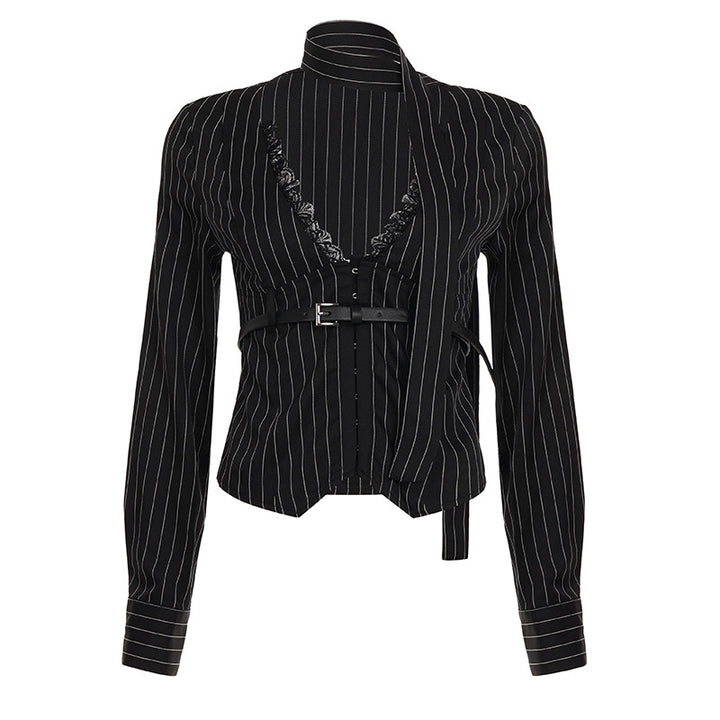 Damen nan tailliertes Langarmshirt mit Twist‑V‑Ausschnitt, Hemdkragen und Nadelstreifen-Optik Drune