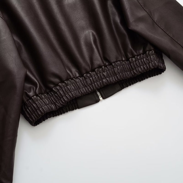 Damen Kurze Boxy-Bomberjacke aus veganer Lederoptik mit Hemdkragen und elastischem Bund Drune