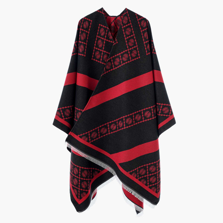 Damen Jacquard-Überwurf im Cape‑Stil mit Paisley‑Bordüre und Fransen Drune