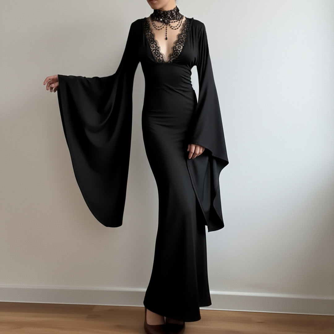 Damen Maxikleid mit tiefem V-Ausschnitt, Spitzenbesatz und dramatischen Wasserfallärmeln Drune