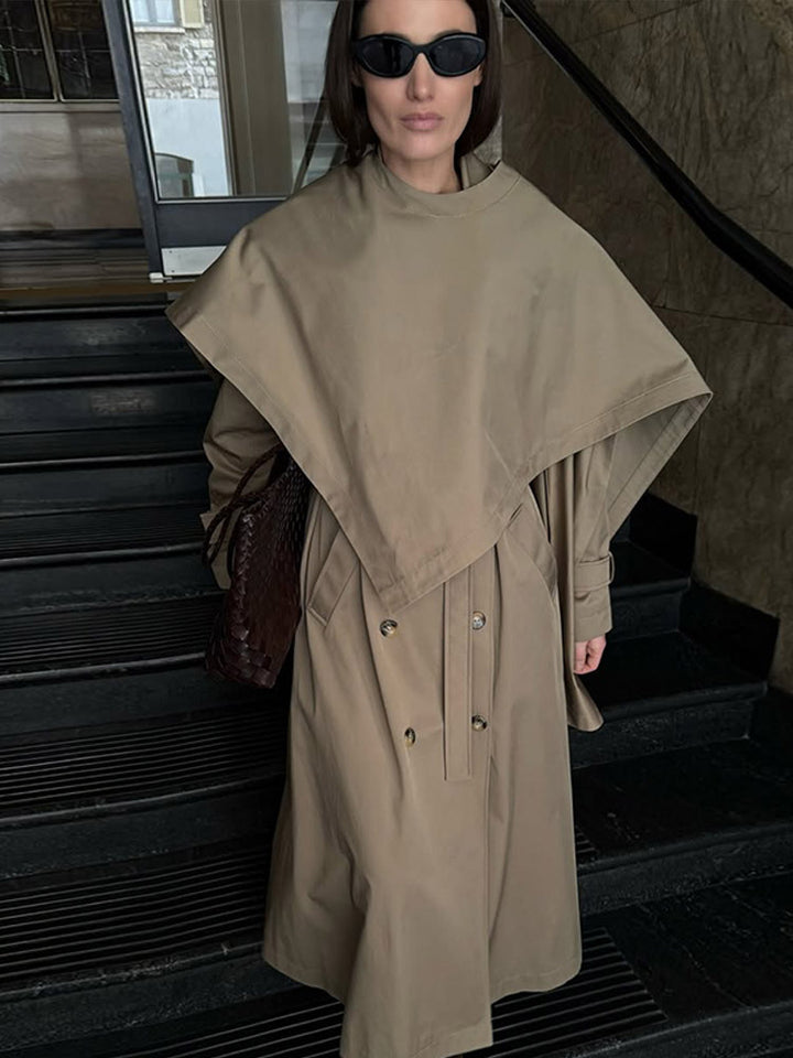 Damen Midilanger Trenchcoat mit ponchoartigem Cape-Überwurf & kastiger Silhouette Drune