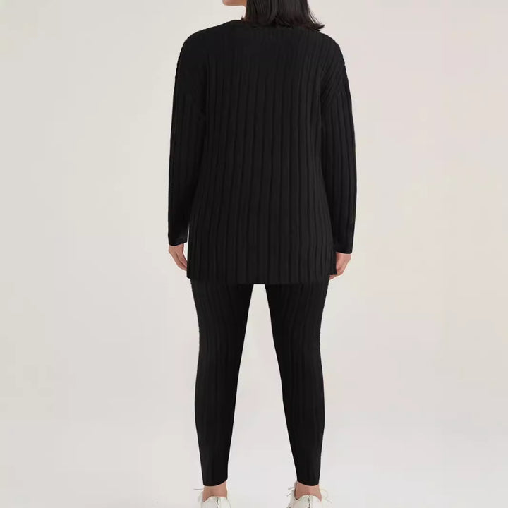 Damen Geripptes Relax‑Zweiteiler aus Feinstrick mit Rundhalsausschnitt und Slim‑Jogger Drune