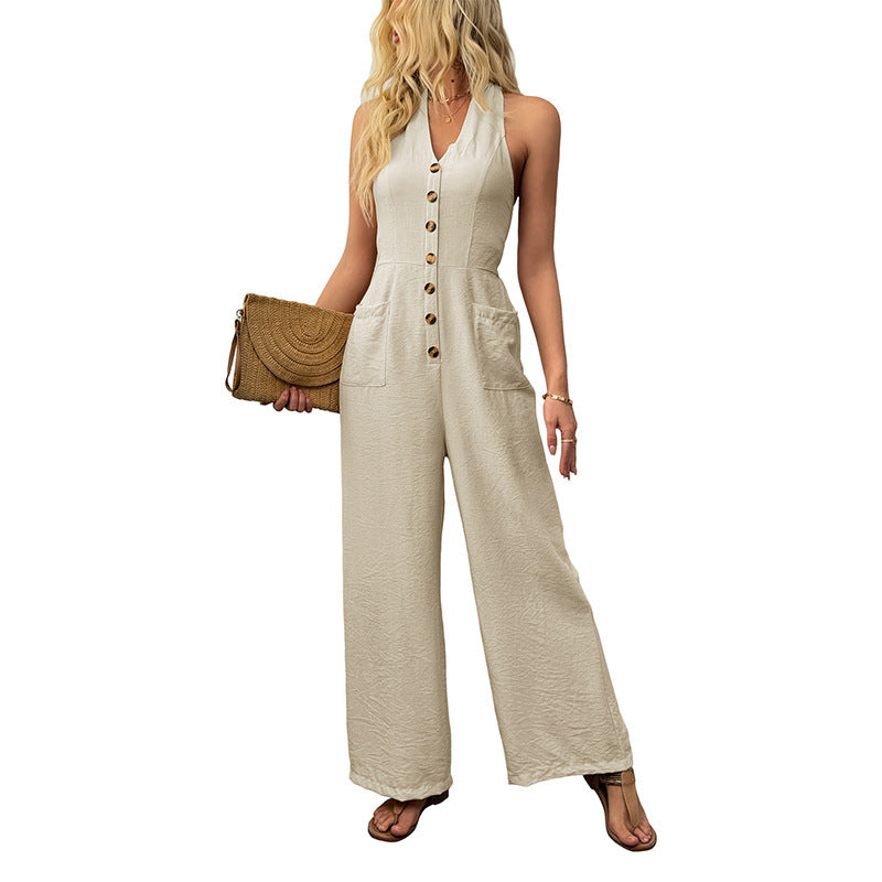 Damen Ärmelloser Leinenoptik Jumpsuit mit V-Ausschnitt, Knopfleiste und weitem Bein Drune