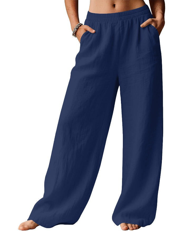 Damen bequeme weite Leinenhose mit elastischem Bund Drune