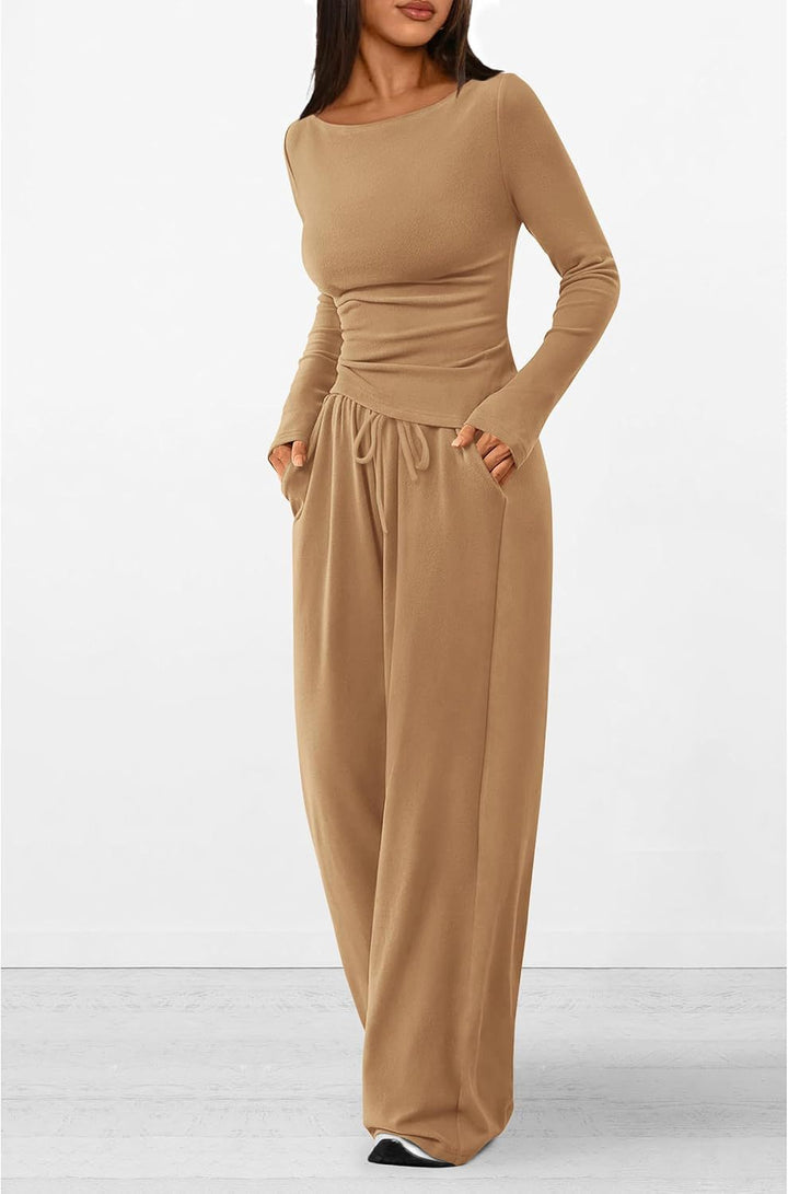 Damen elegantes und bequemes Lounge-Set mit langem Arm und elastischem Bund Drune