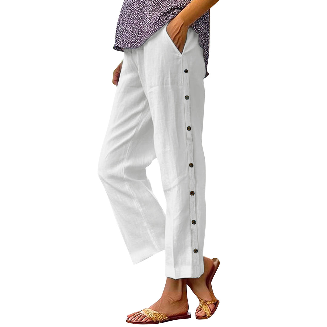 Damen Cropped Weitbeinige Knopf-Trim Leinen-Mischung Casual Hose Drune