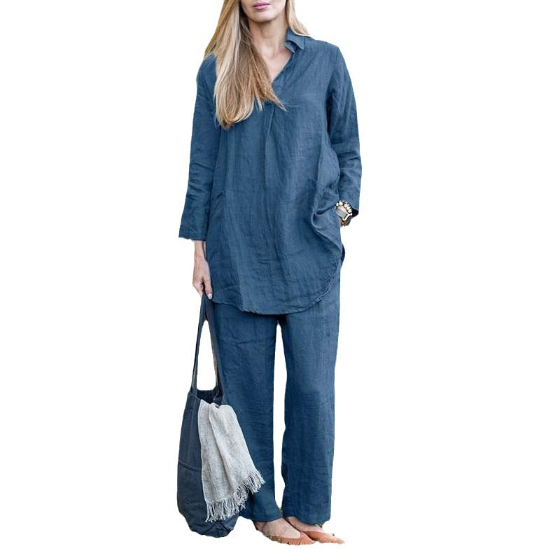 Damen Leinen-Loungewear-Set mit weitem Tunika-Hemd und lockerer Palazzo-Hose Drune
