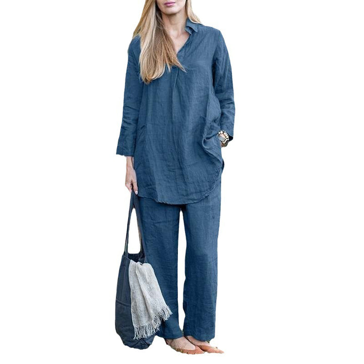 Damen Leinen-Loungewear-Set mit weitem Tunika-Hemd und lockerer Palazzo-Hose Drune