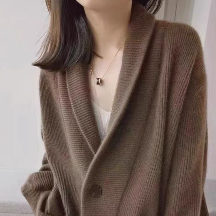 Damen Gemütlicher Strickcardigan mit breitem Revers und Taschen Drune