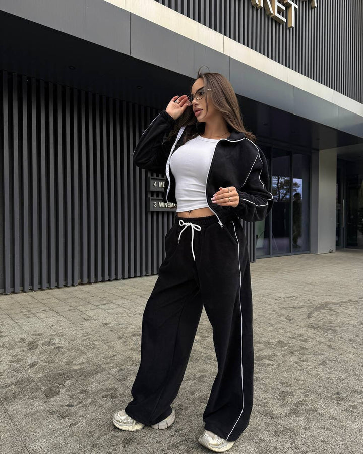 Damen Gekürztes Zip-Fleece-Set mit tailliertem Kordelbund und weitem Hosenbein Drune