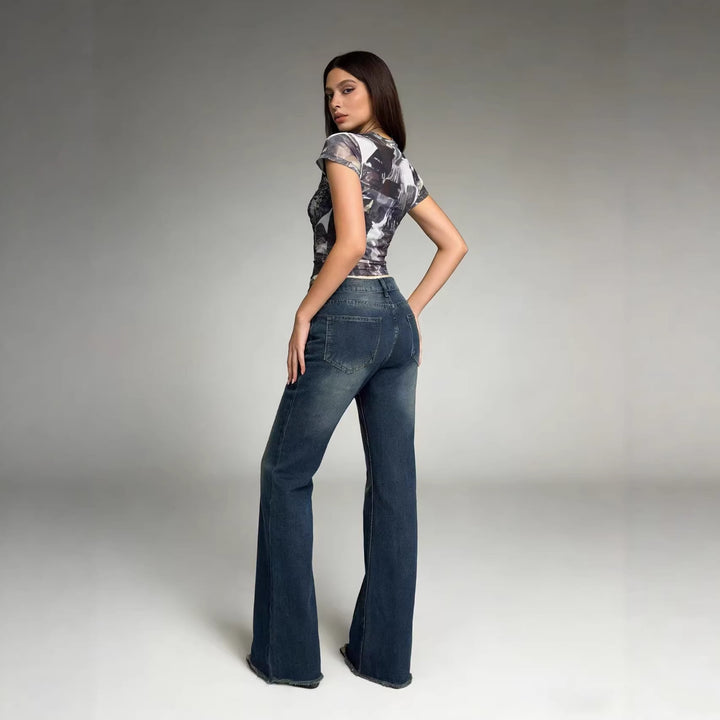 Damen nan hochgeschnittene Stretch-Flared-Jeans mit ausgefranstem Saum und taillierendem Five‑Pocket-Schnitt Drune
