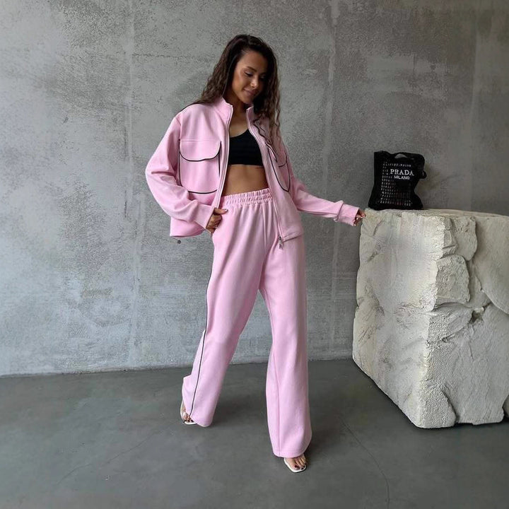 Damen lässiges Sportanzug-Set mit modischer Jacke und weit geschnittenen Hosen Drune