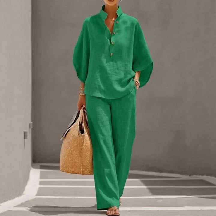 Damen Lockeres Leinenoptik-Zweiteiler mit Stehkragenbluse und weitem Palazzo-Hose Drune