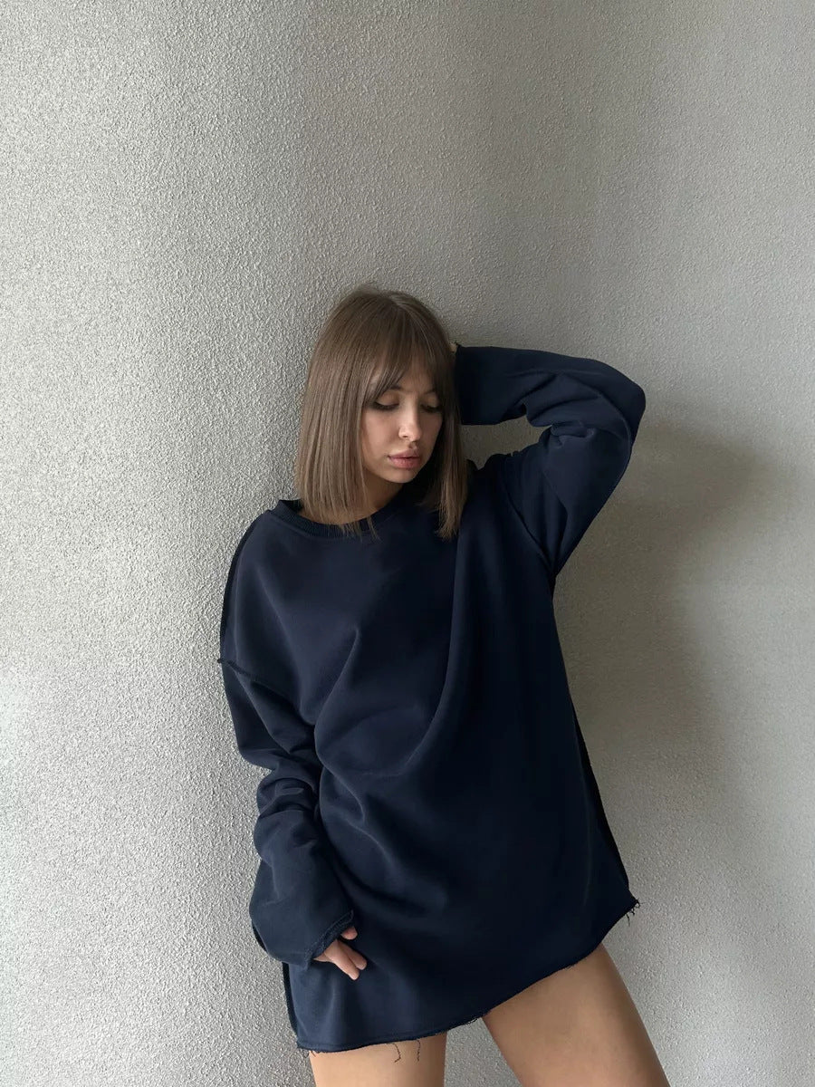 Damen oversized Sweatshirt mit ausgefranstem Saum und verlängerten Ärmeln Drune