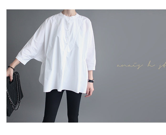 Damen Oversized-Bluse mit Stehkragen, ballonförmiger Silhouette und 3/4-Ärmeln Drune