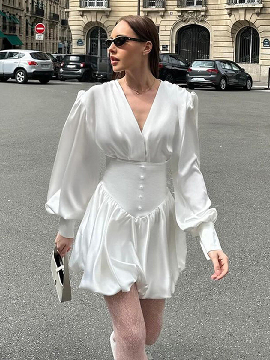 Damen elegantes Minikleid mit tiefem V-Ausschnitt, voluminösen Ärmeln und taillierter Taille Drune