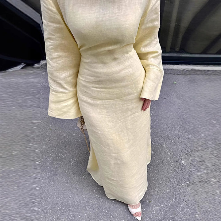 Damen Langes, elegantes Maxikleid aus leichtem Stoff mit Taillengürtel Drune