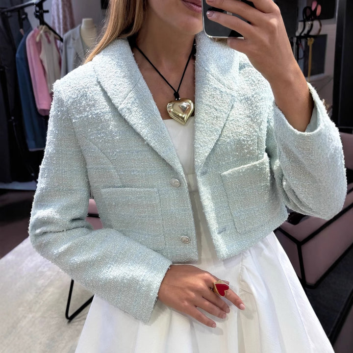 Damen elegante Kurzjacke aus hochwertigem Bouclé mit schimmernden Knopfdetails Drune
