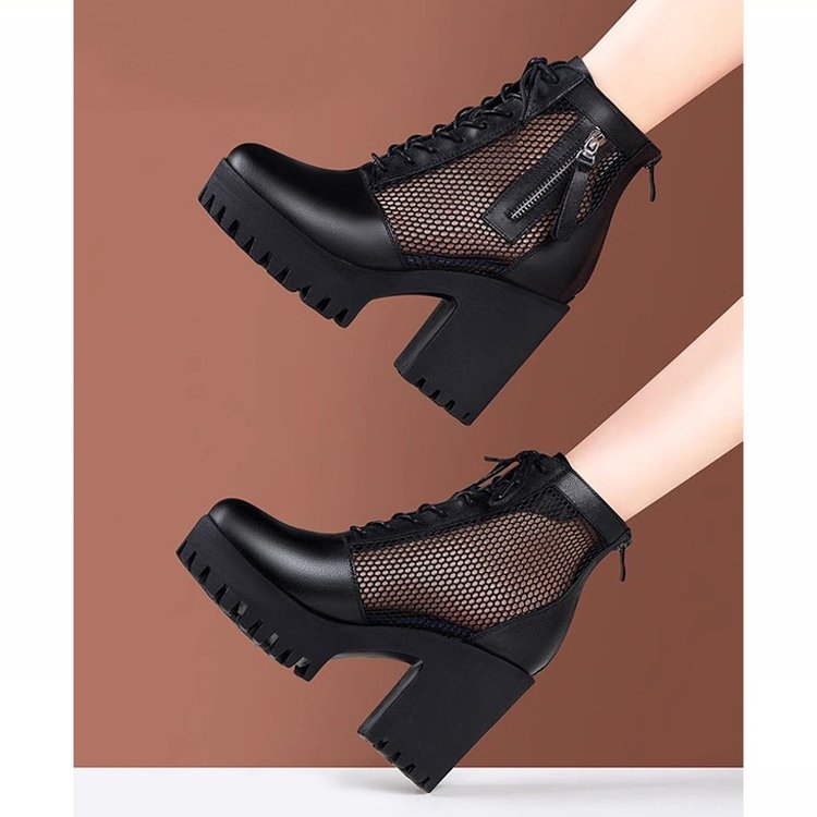 Damen Modische Plateau Stiefeletten mit Netz-Einsätzen Drune