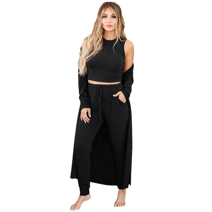 Damen Dreiteiliges Lounge-Set aus weichem Viskosemix mit Longcardigan, Crop-Top und Jogginghose Drune